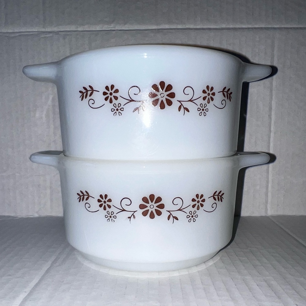 Vintage Dynaware Pyr-o-rey Brown Floral Individual Casserole Bowl Dish Set Of 2